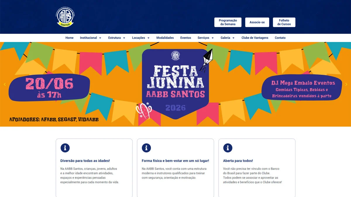Página inicial do site da AABB Santos